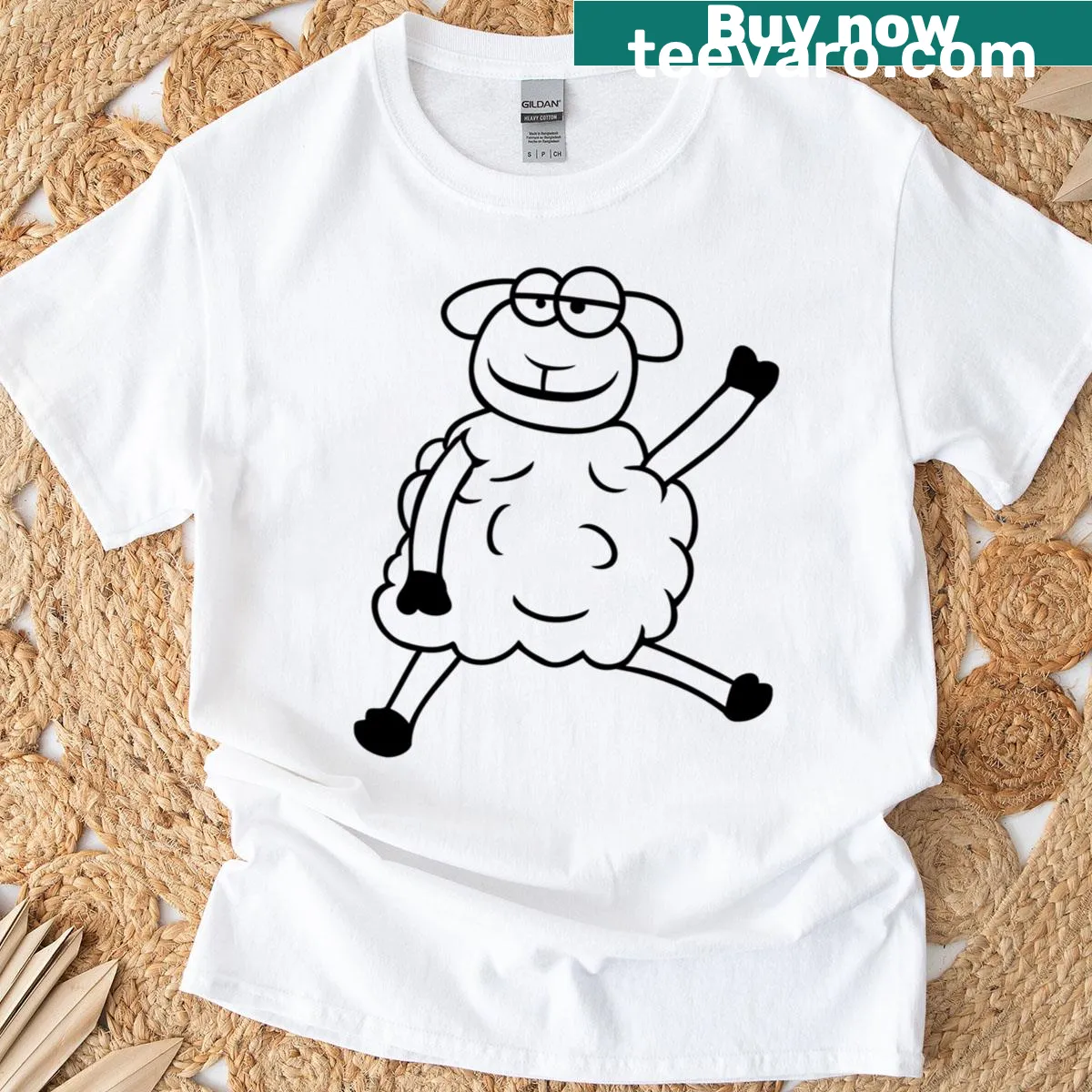 Cartoon sheep sitting and waving with a happy smile — on a men's t-shirt