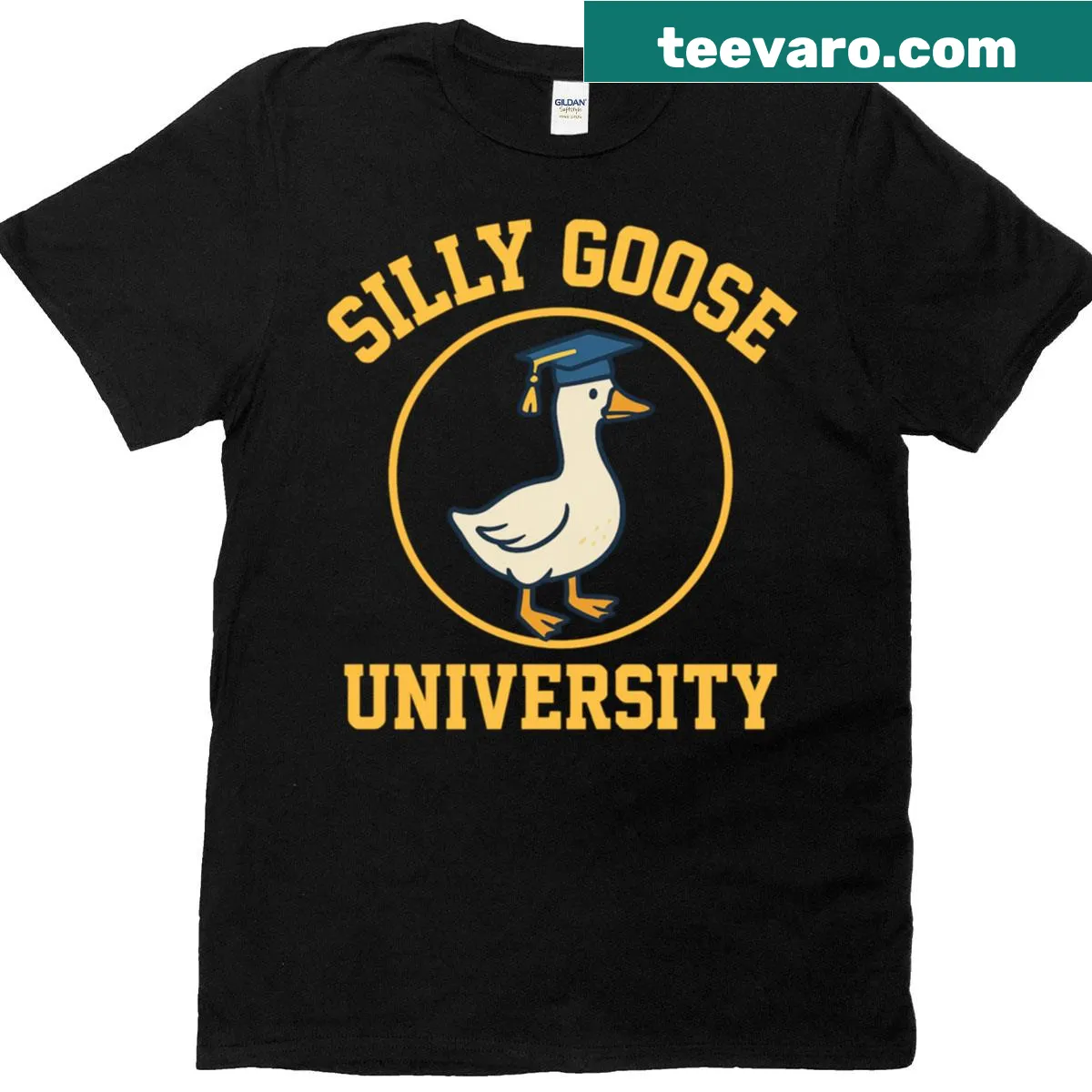 Funny oversized T-shirt with a cartoon graduation goose — on a men's t-shirt