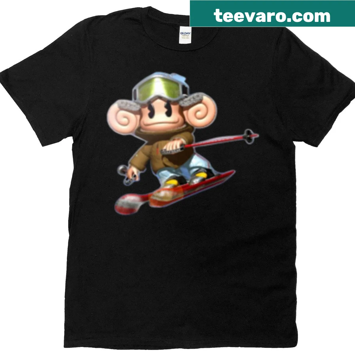 Oversized T-shirt featuring a skiing snow monkey in action. — on a men's t-shirt