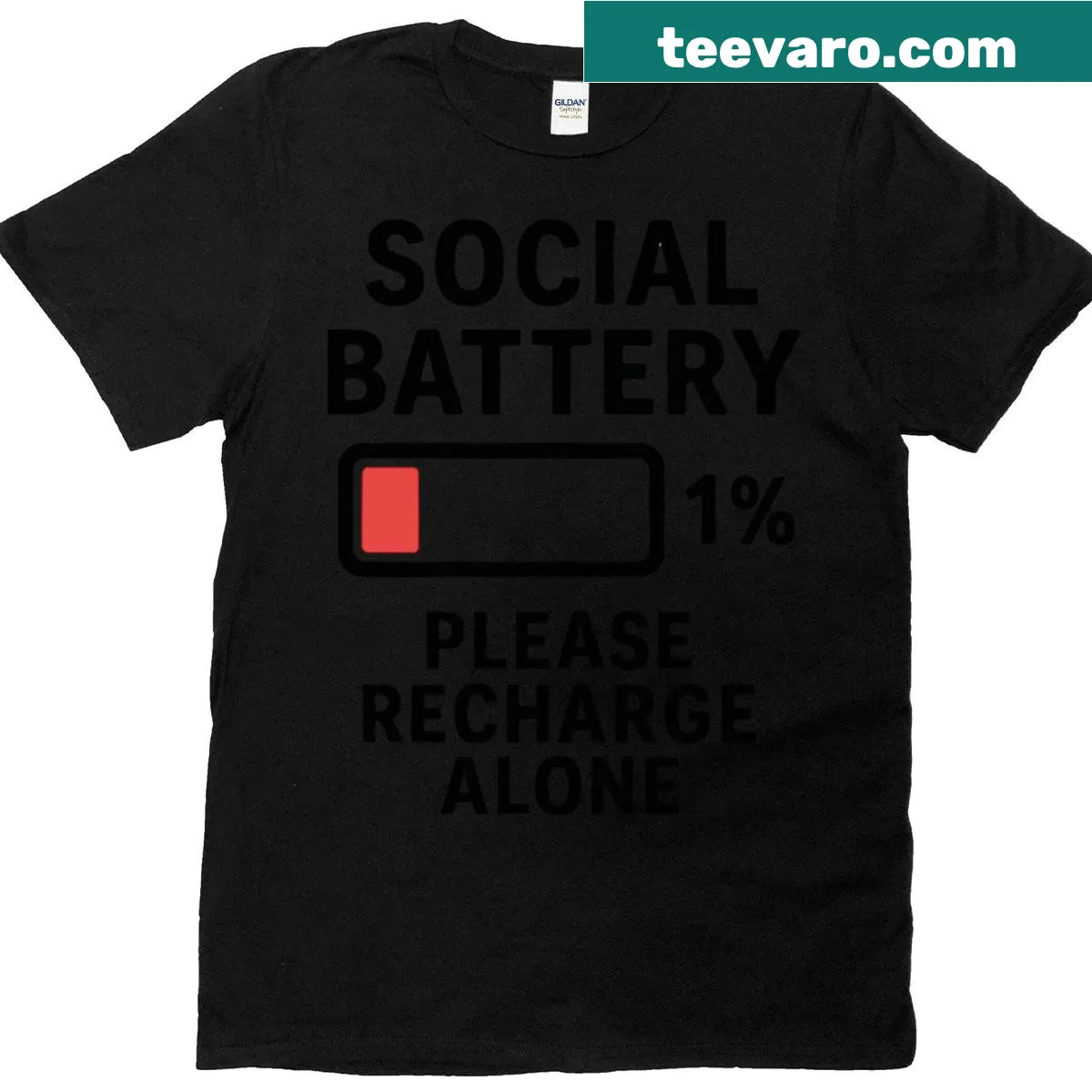Oversized T-shirt with a funny introvert quote and low battery icon. — on a men's t-shirt