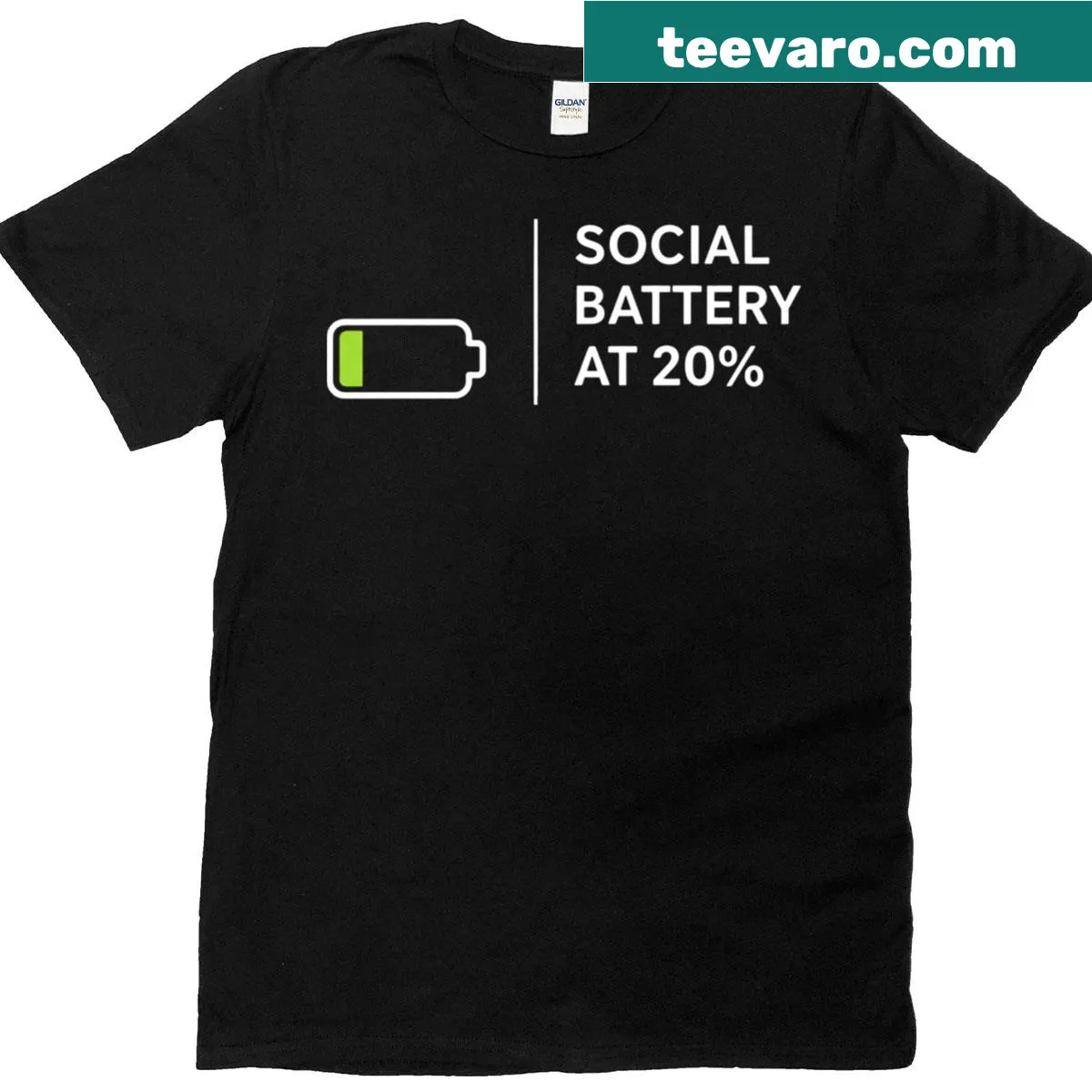 T-shirt with the phrase 'Social Battery 20' humorously illustrating energy levels — on a men's t-shirt