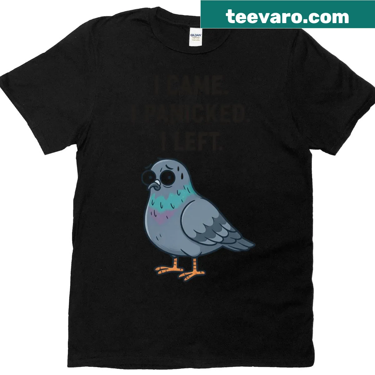 Oversized T-shirt with a socially anxious cartoon pigeon design. — on a men's t-shirt