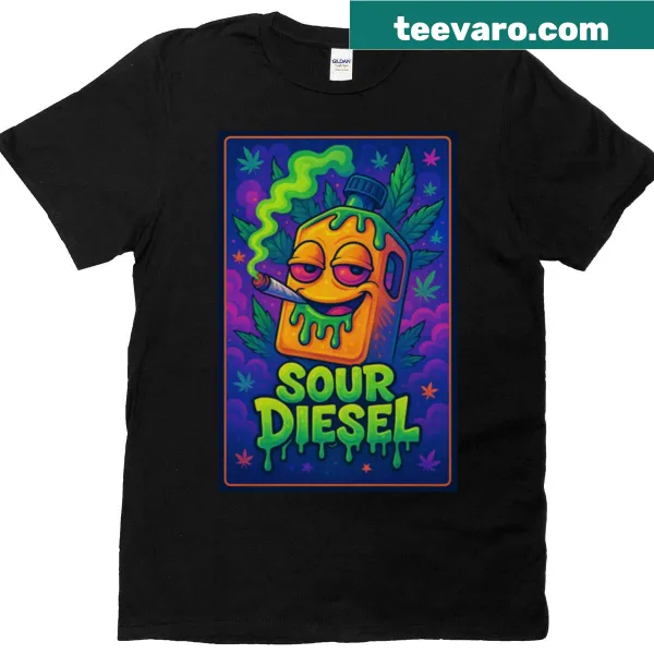 Cartoon art T-shirt featuring Sour Diesel strain label