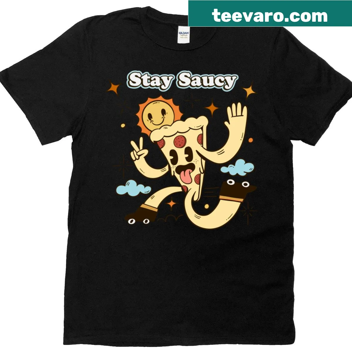 Cartoon pizza slice illustration with retro design and humorous text — on a men's t-shirt