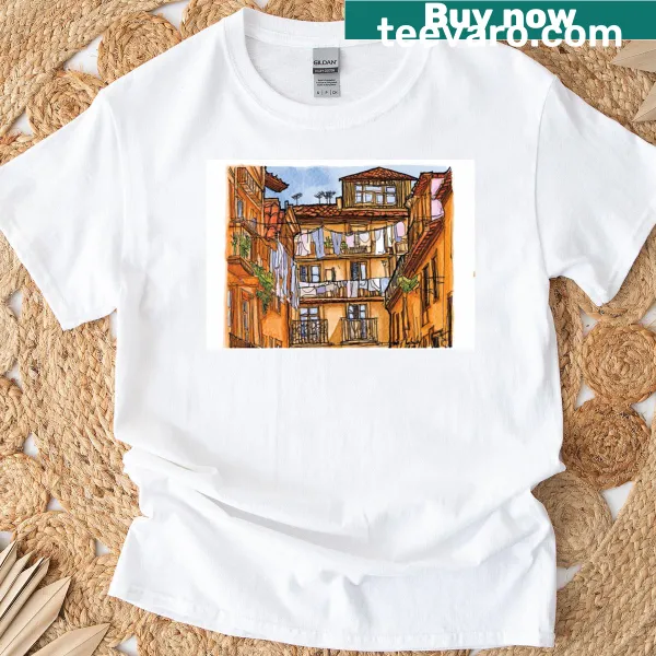 Illustration of scenic streets in Sicily on a t-shirt