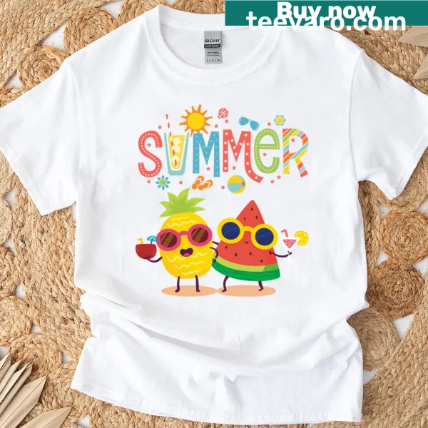 Playful illustration of two fruits celebrating summer on a t-shirt