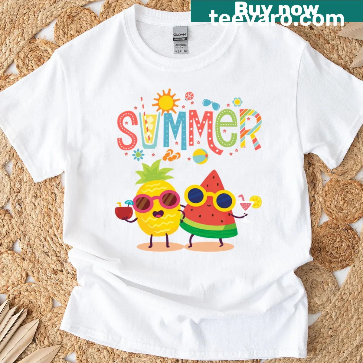 Playful illustration of two fruits celebrating summer on a t-shirt — on a men's t-shirt