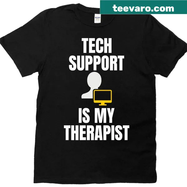Funny T-shirt with text about tech support as therapy for filmmakers.