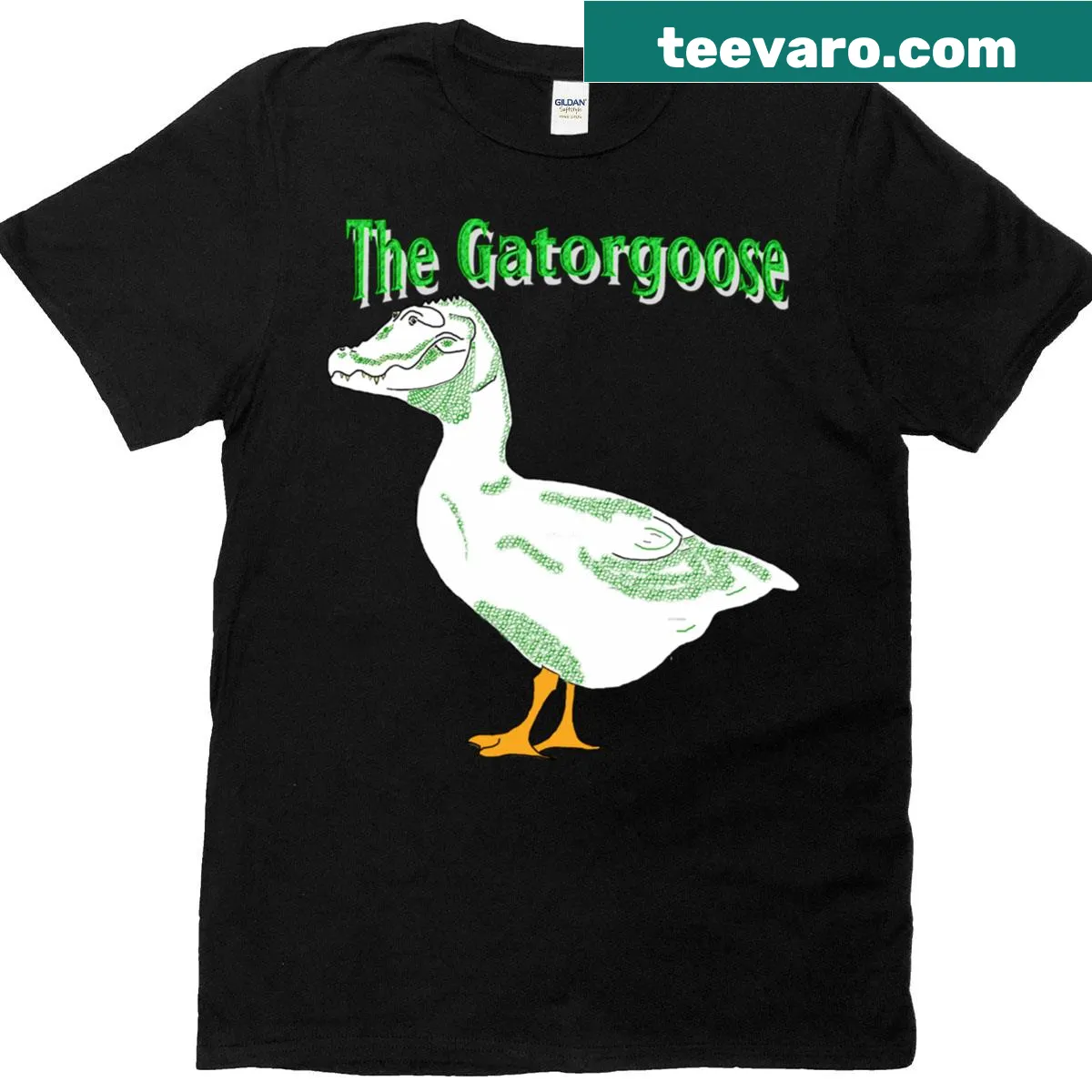 Cartoon design T-shirt featuring a gator and goose — on a men's t-shirt