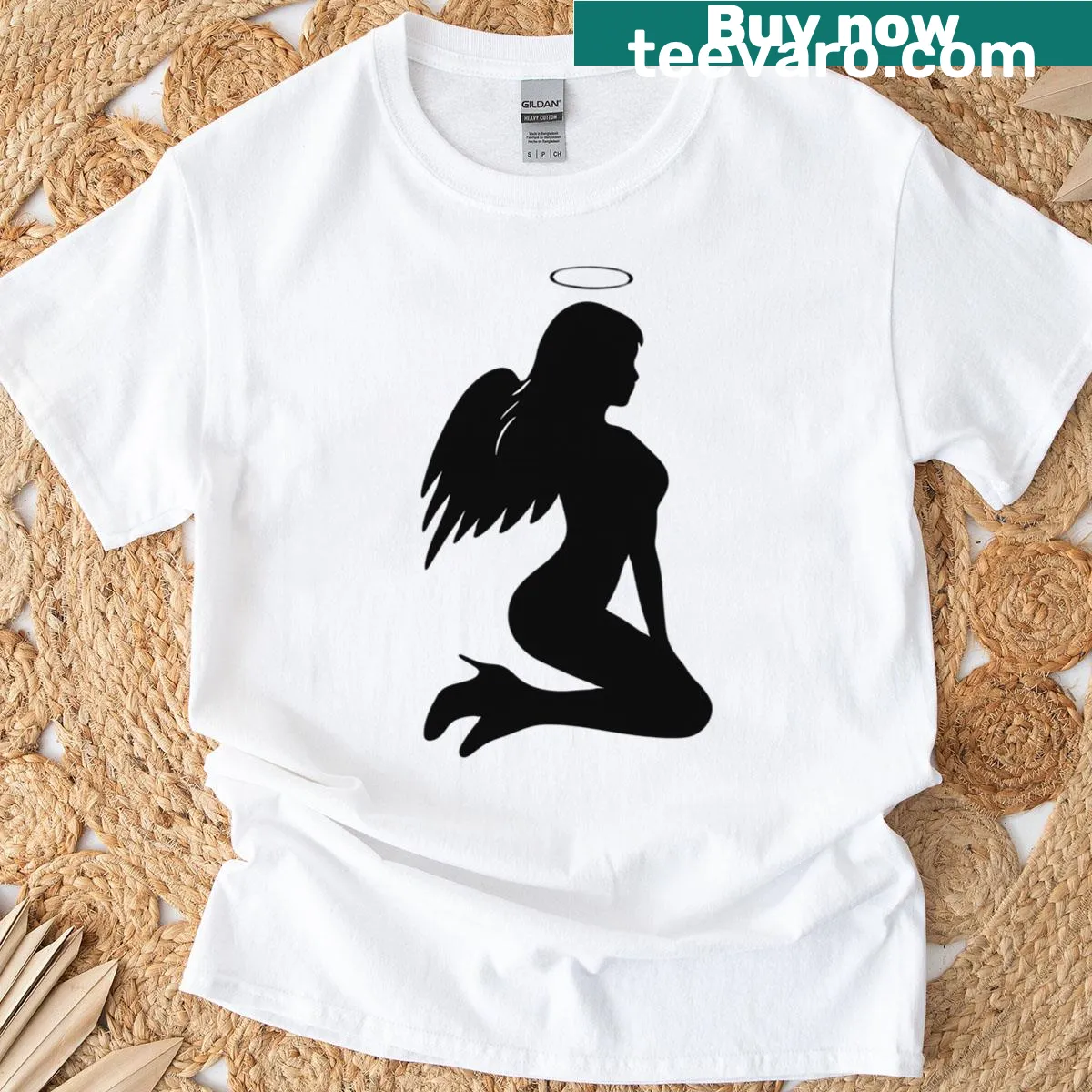Illustrated image of an angel with outstretched wings on a T-shirt — on a men's t-shirt