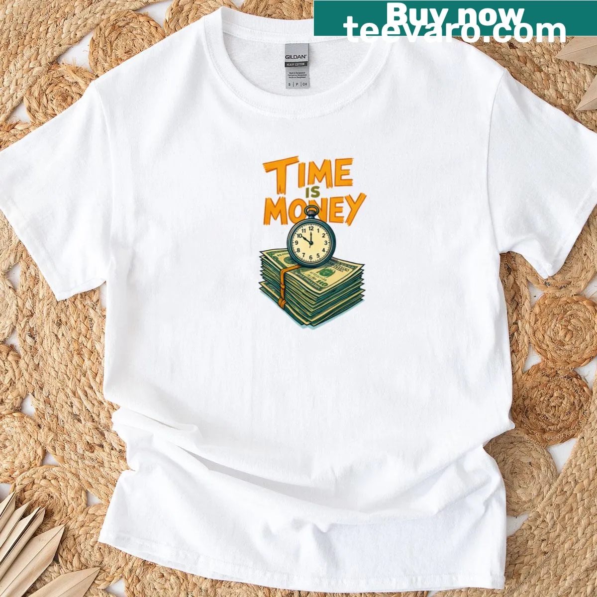 Motivational typography design stating 'Time Is Money' on a t-shirt — on a men's t-shirt