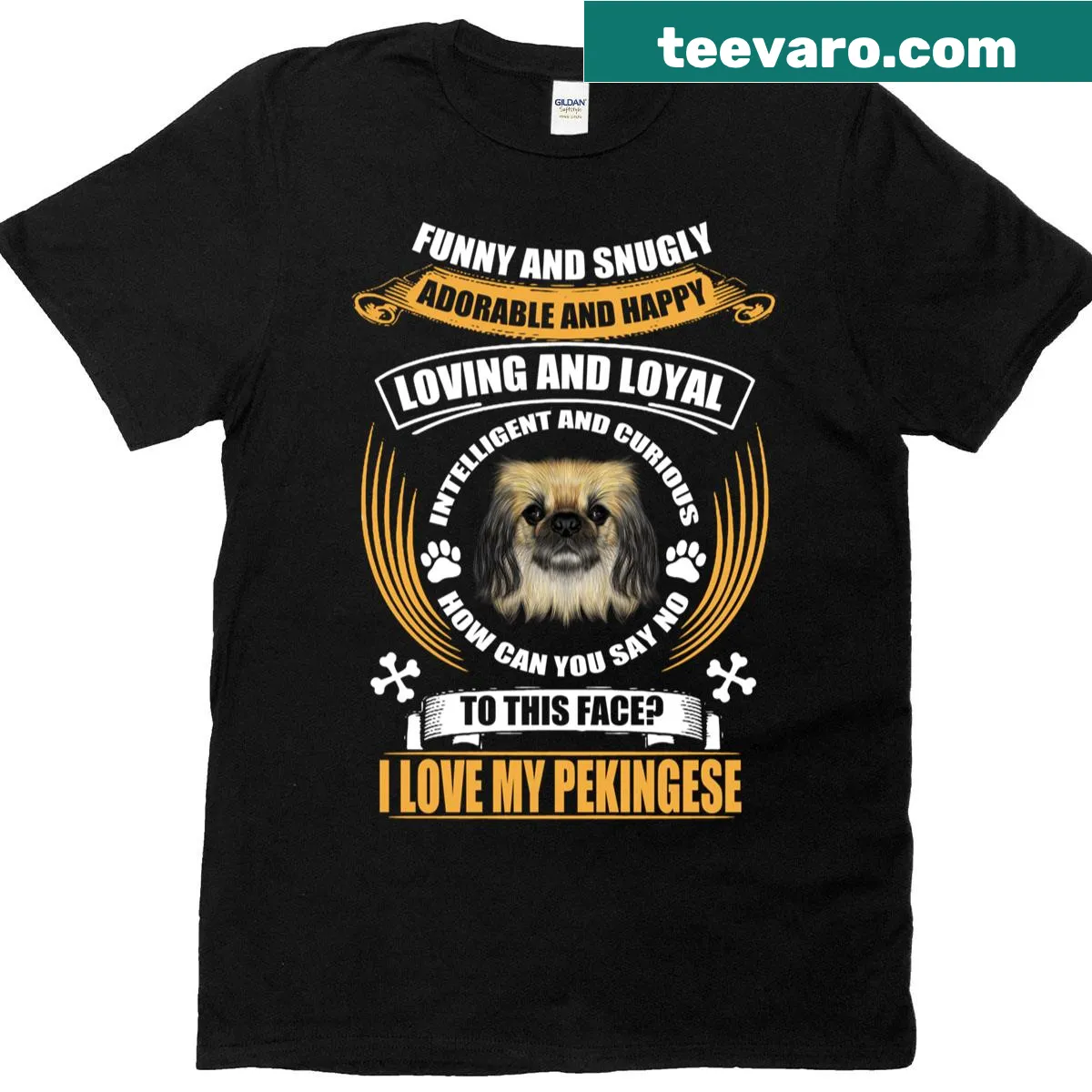 Cute T-shirt with Pekingese dog graphic and text — on a men's t-shirt