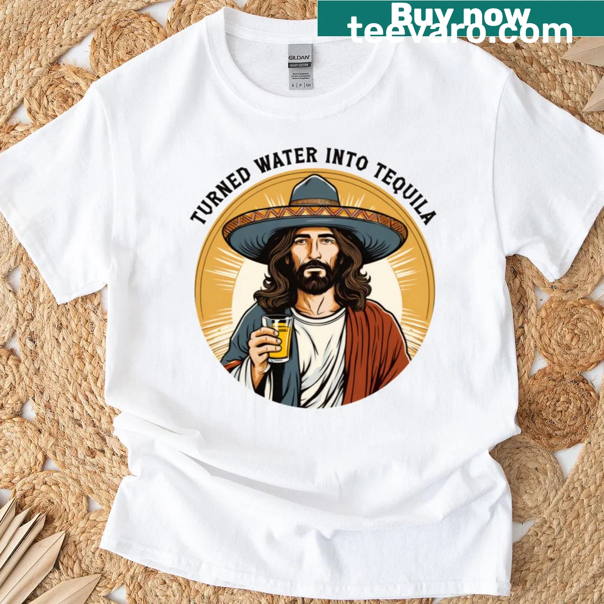 Vintage Jesus design T-shirt with a humorous tequila theme — on a men's t-shirt