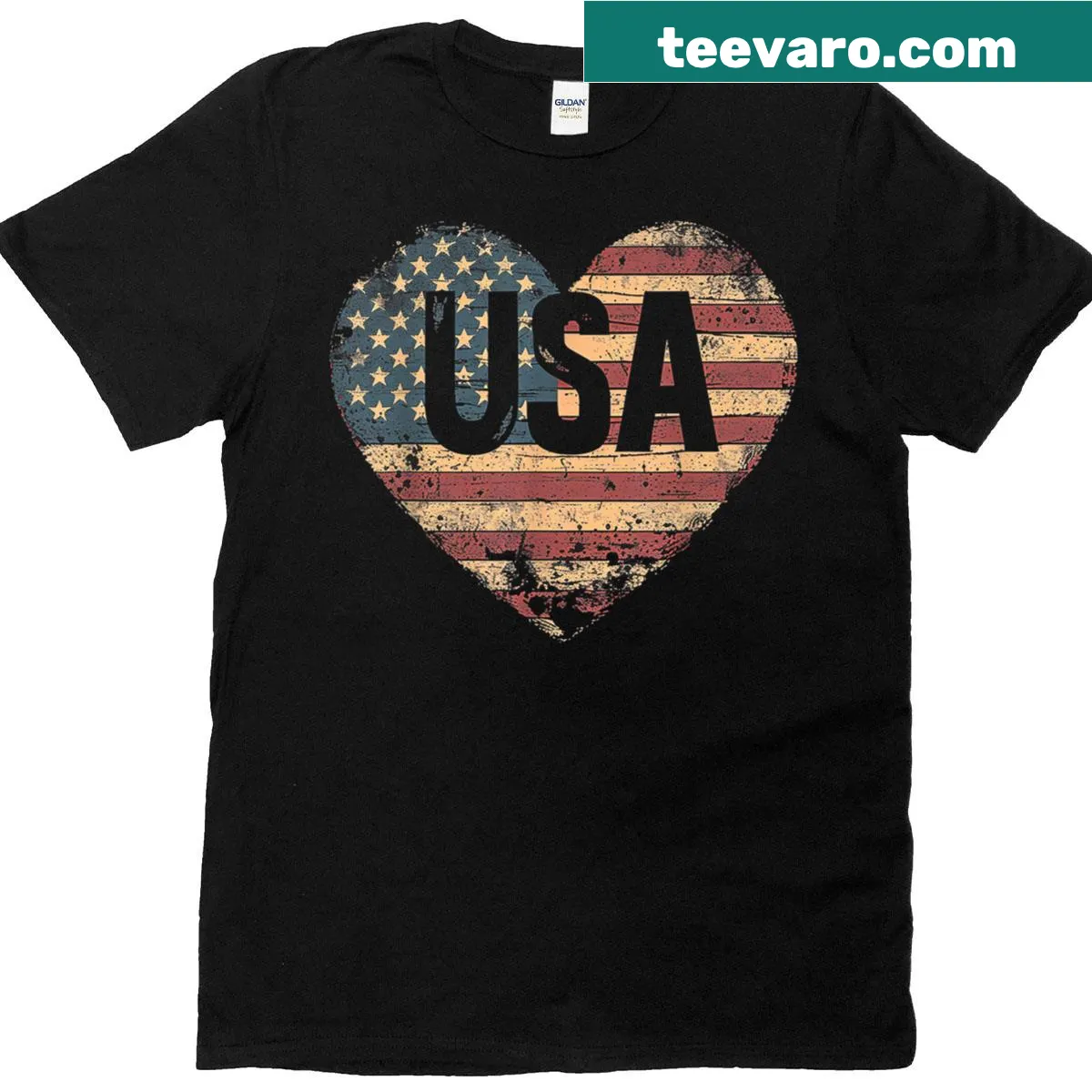 Vintage heart-shaped American flag T-shirt for women celebrating Independence Day — on a men's t-shirt