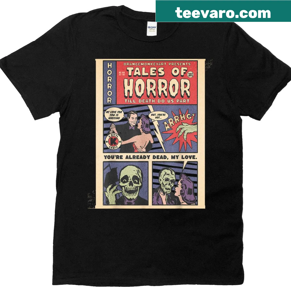 Vintage horror comic T-shirt ideal for Halloween with gothic design — on a men's t-shirt