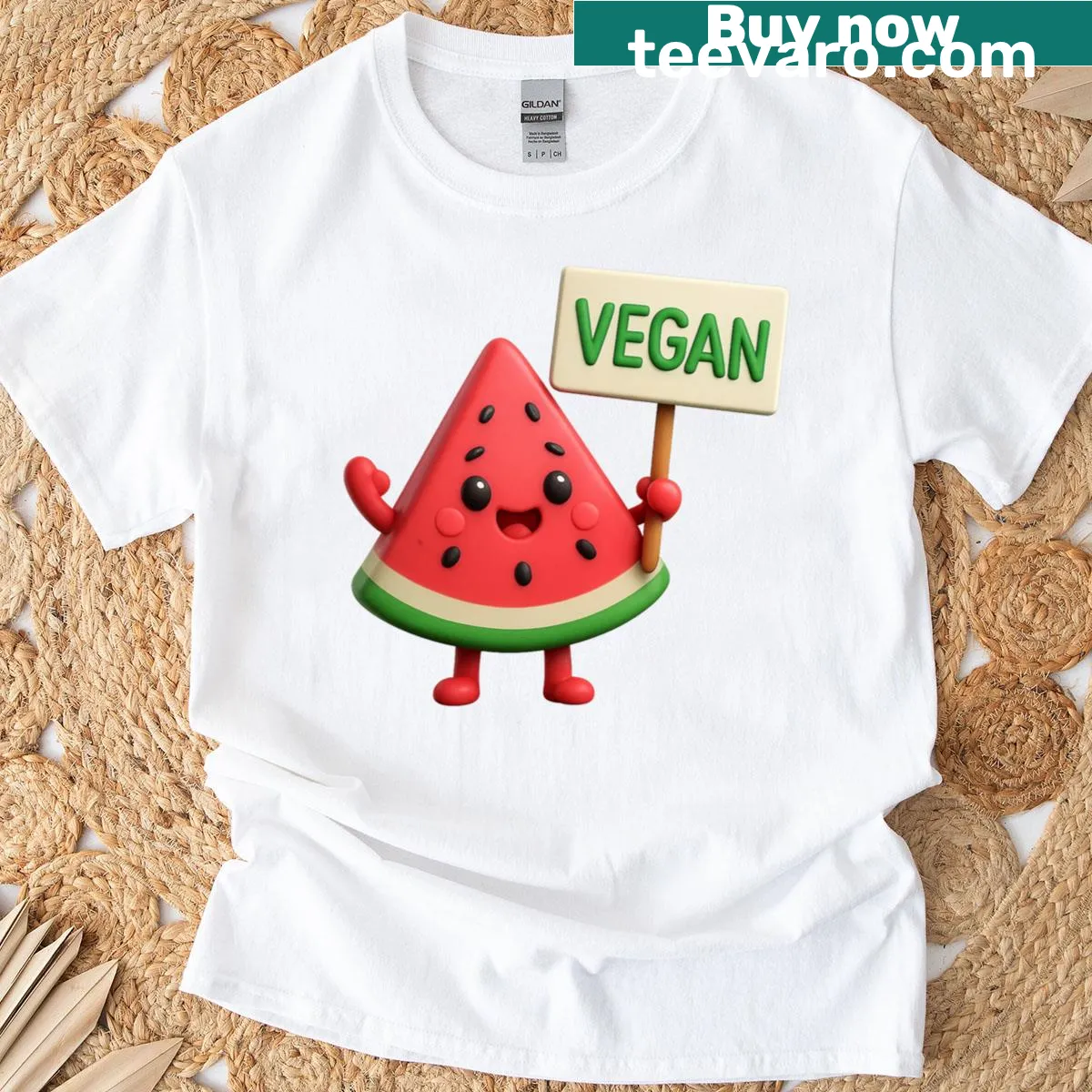 T-shirt featuring a watermelon holding a vegan sign — on a men's t-shirt