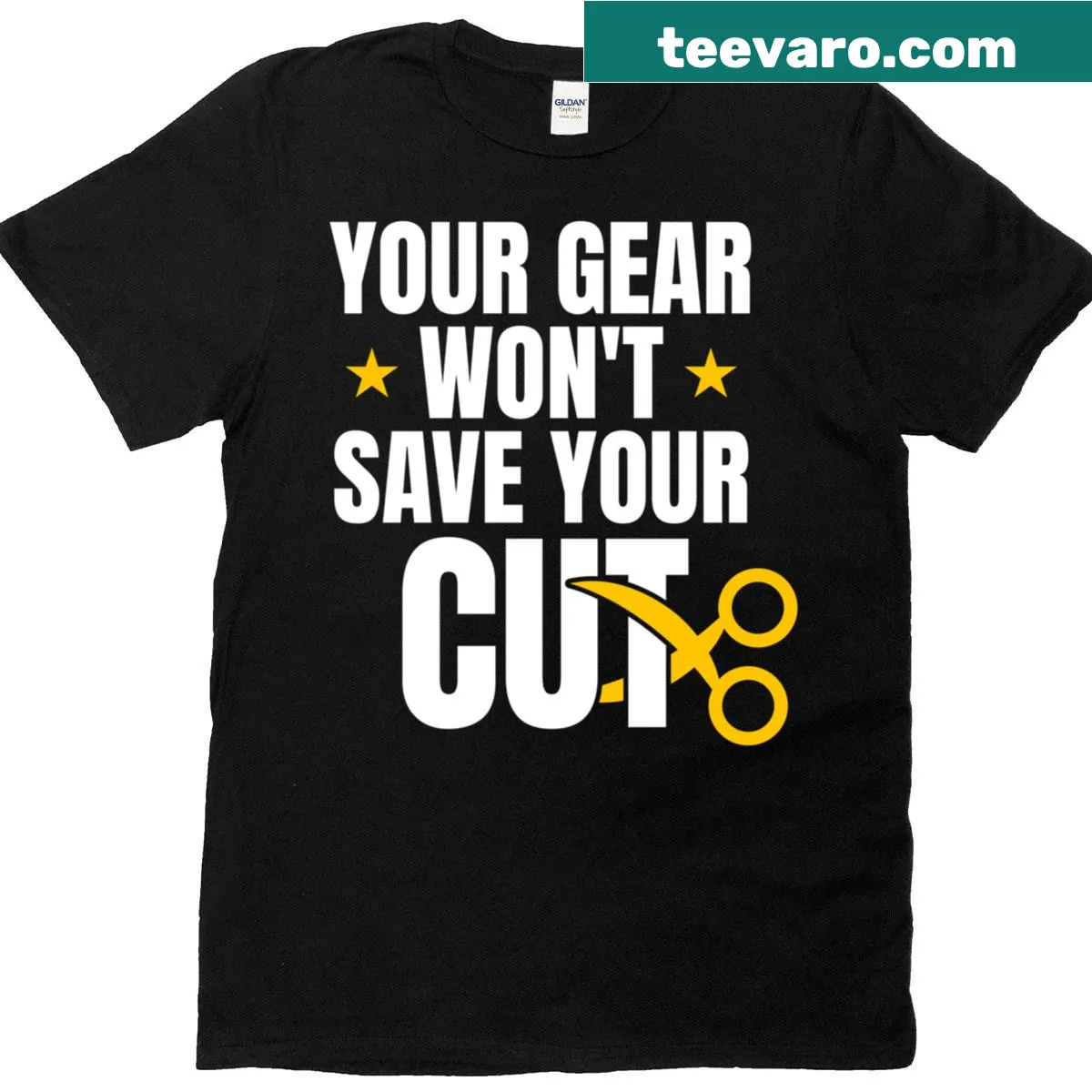 T-shirt with the phrase 'Your Gear Wont Save Your Cut' for filmmakers — on a men's t-shirt