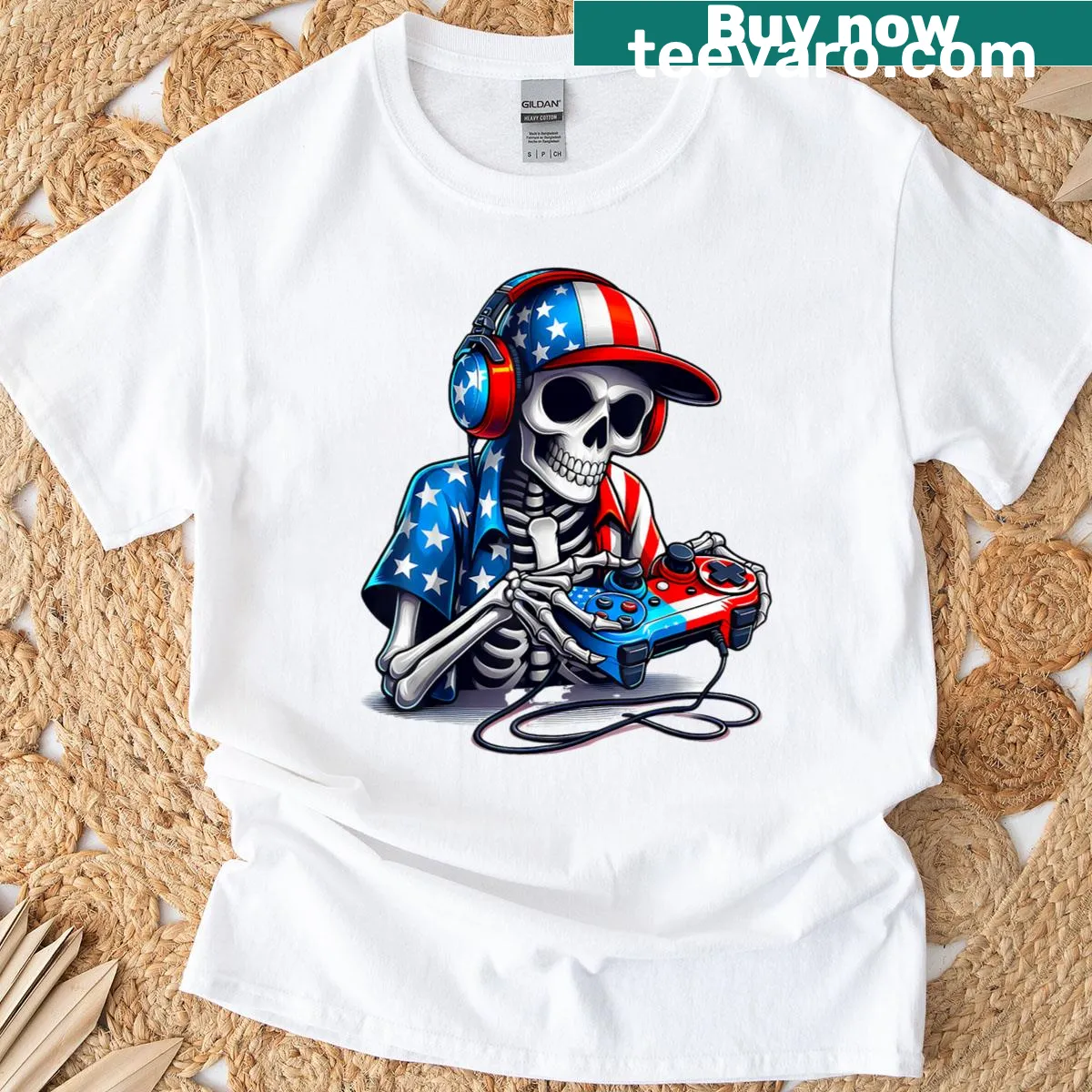 Skeleton gamer T-shirt featuring USA flag and humorous design. — on a men's t-shirt