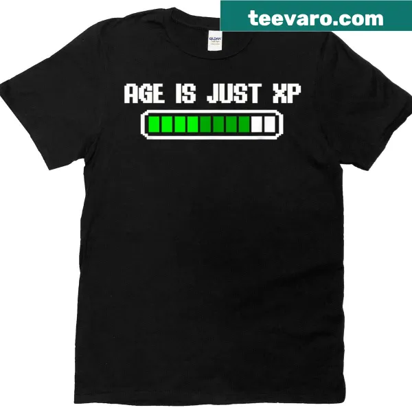 Funny gamer T-shirt with typography saying 'Age Is Just Xp.'