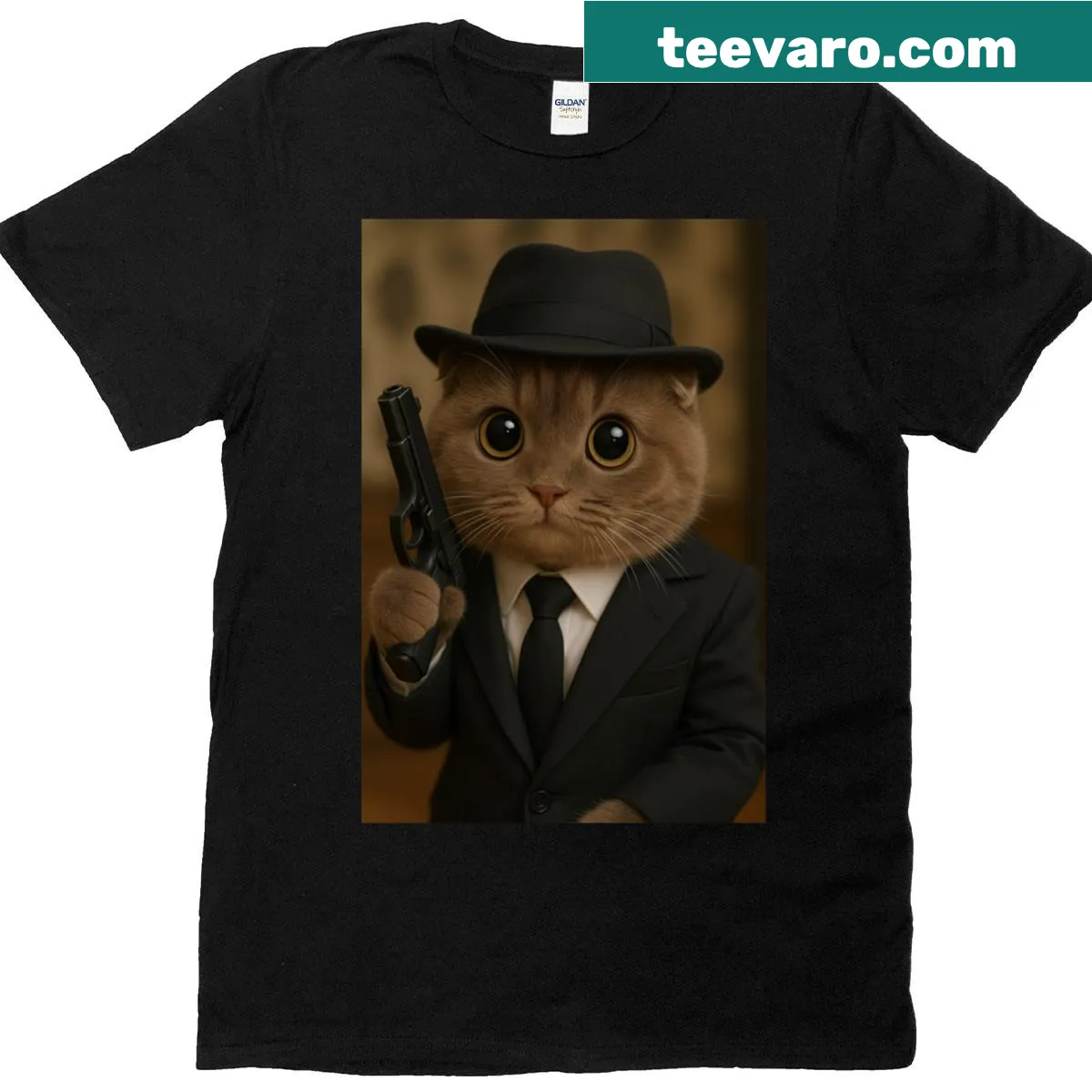 Illustration of a cat as a secret agent on a t-shirt — on a men's t-shirt