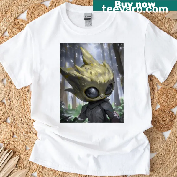 Whimsical illustration of an alien in a forest on a T-shirt