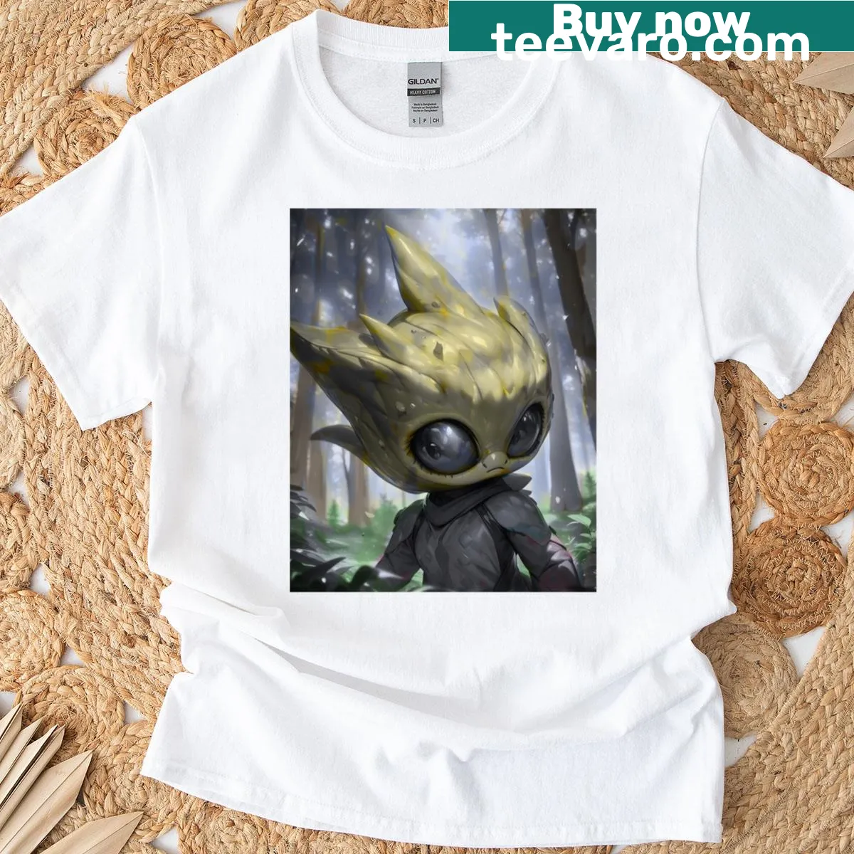 Whimsical illustration of an alien in a forest on a T-shirt — on a men's t-shirt
