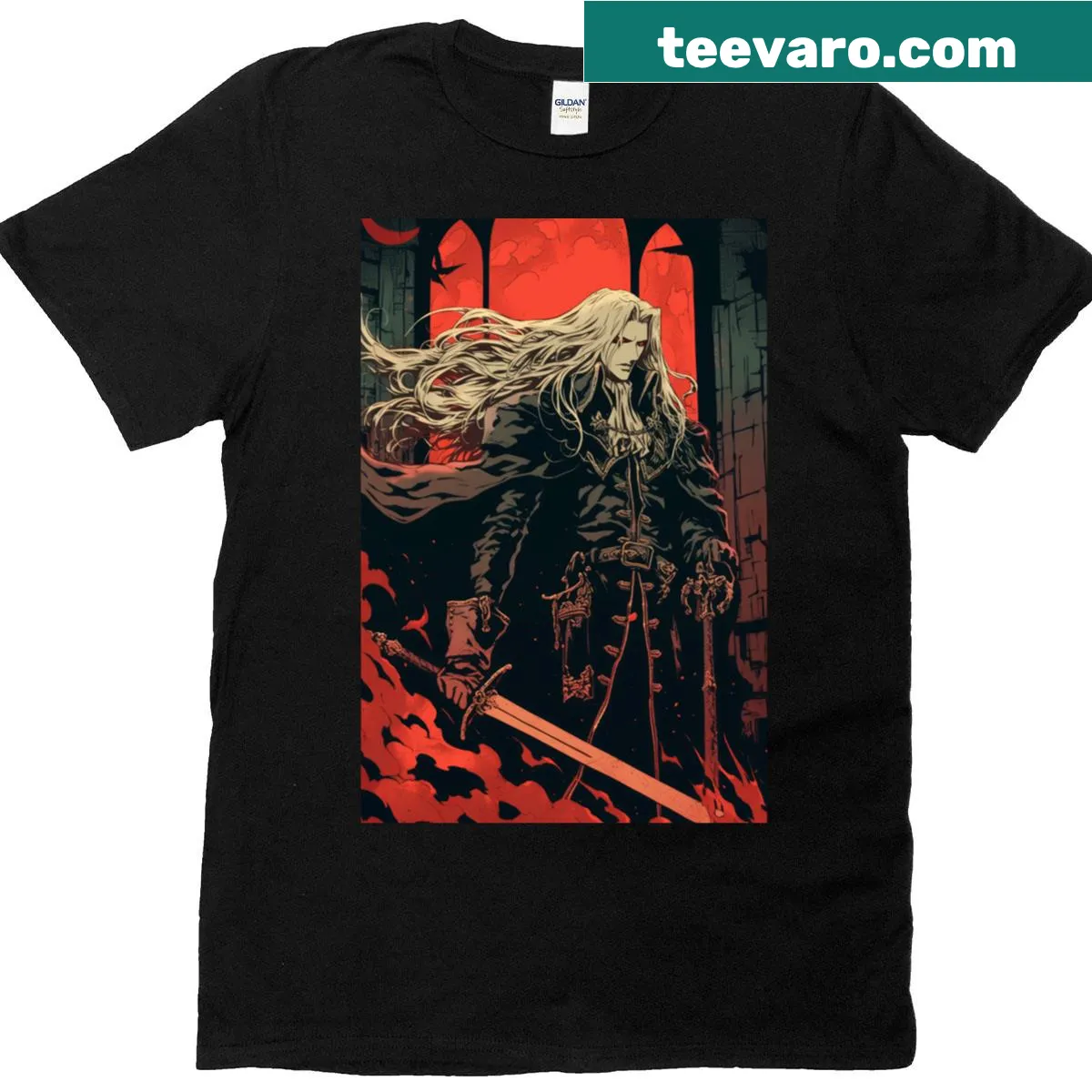 Illustrated T-shirt featuring Alucard from Castlevania — on a men's t-shirt