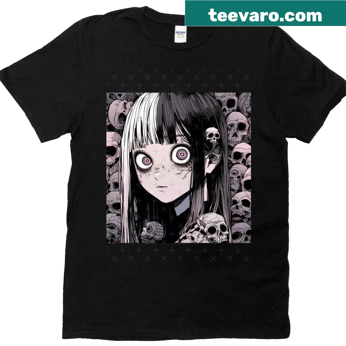 Oversized t-shirt with anime girl and skulls design — on a men's t-shirt