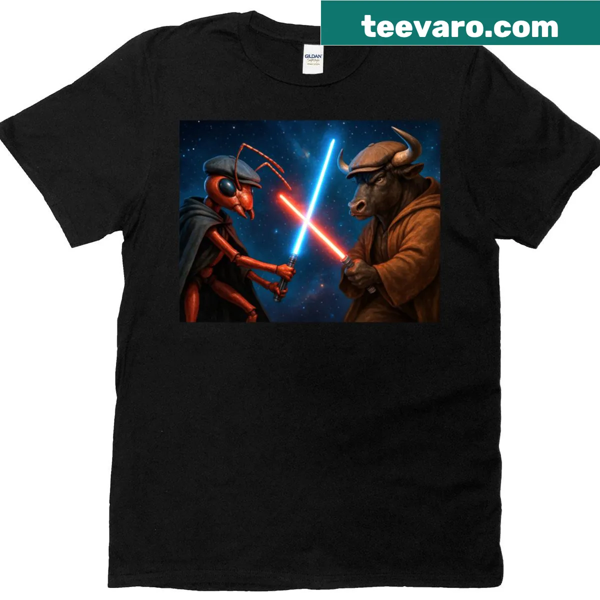 Oversized t-shirt with an ant and box design celebrating unboxing — on a men's t-shirt