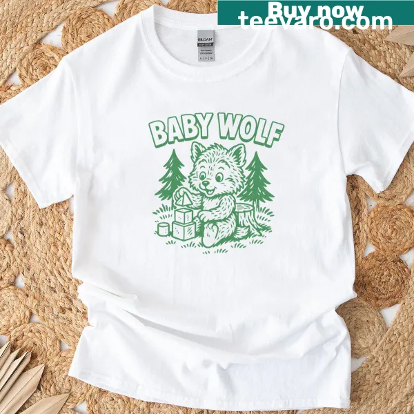T-shirt with a playful baby wolf and building blocks illustration