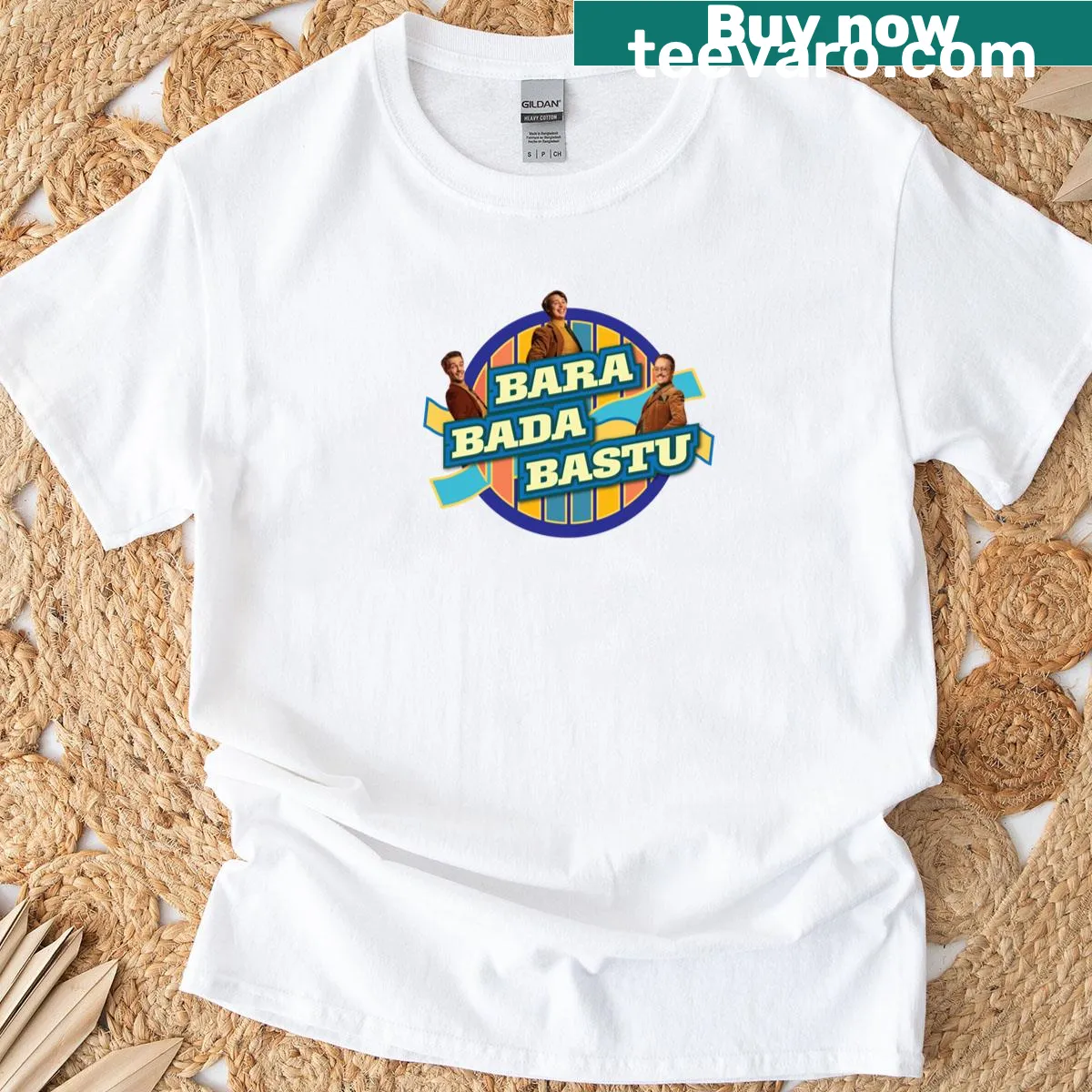 Eurovision-inspired t-shirt featuring the phrase 'Bara Bada Bastu' in bold typography — on a men's t-shirt