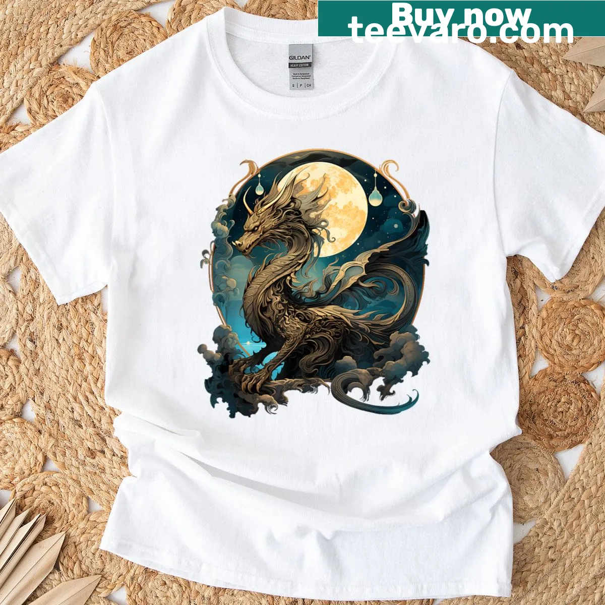 Illustrated lunar gold dragon entwined with floral art T-shirt — on a men's t-shirt