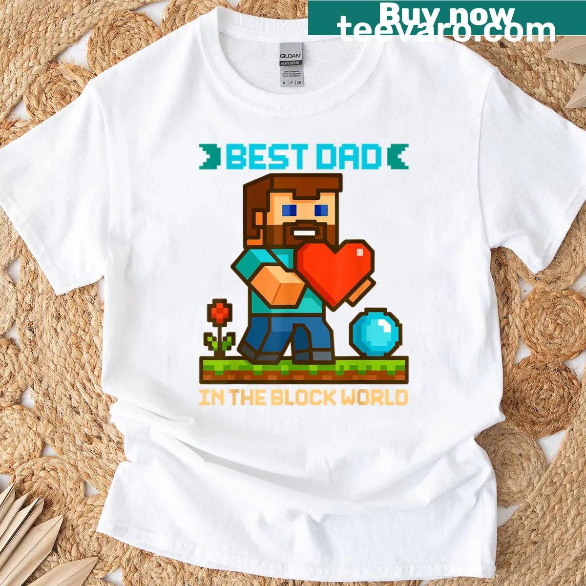 Pixel art Best Dad in the Block World T-shirt — on a men's t-shirt