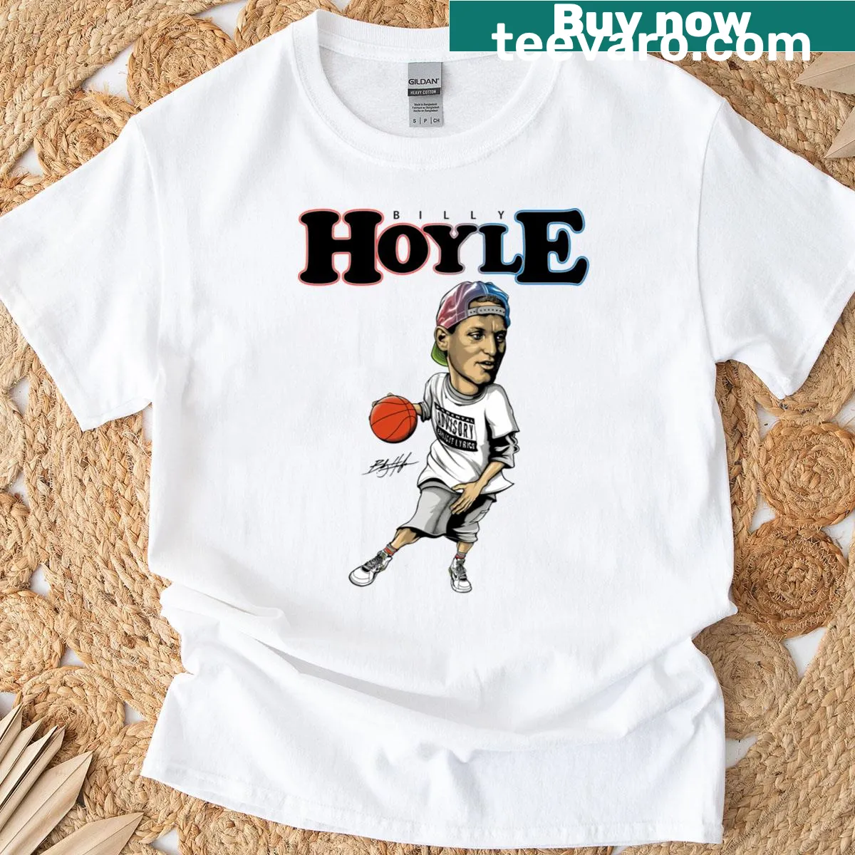 Stylized text of Billy Hoyle on T-shirt — on a men's t-shirt