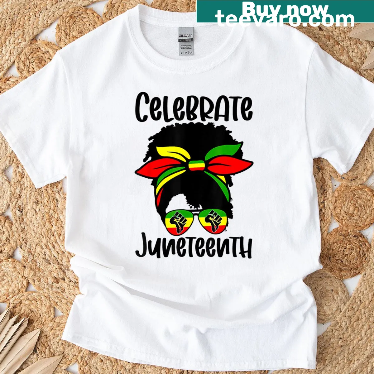 Juneteenth t-shirt featuring a black woman with a messy bun — on a men's t-shirt
