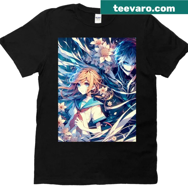Graphic T-shirt featuring abstract blossoms and duality design.