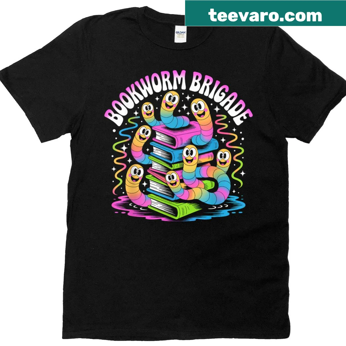 Cute T-shirt featuring cartoon reading worms for young book lovers. — on a men's t-shirt