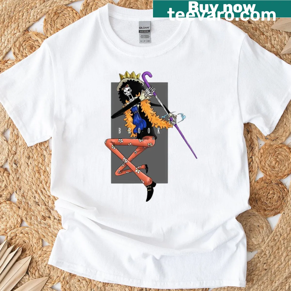 Illustrative T-shirt of a musician swordsman character — on a men's t-shirt