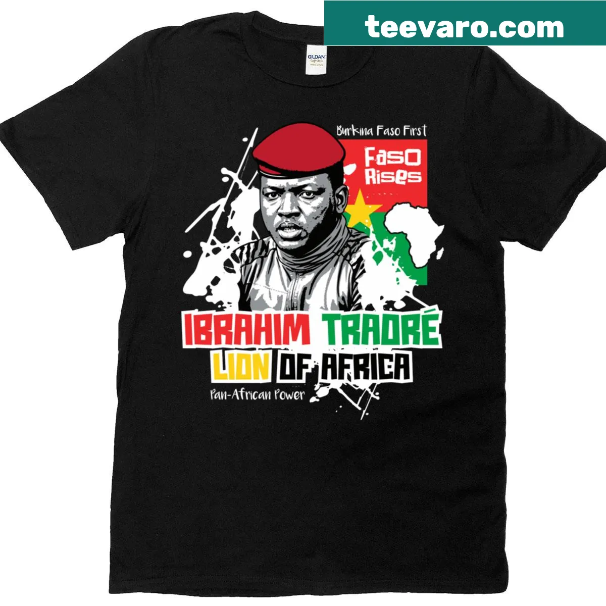 T-shirt featuring illustration of Burkina Faso and Captain Ibrahim Traor — on a men's t-shirt