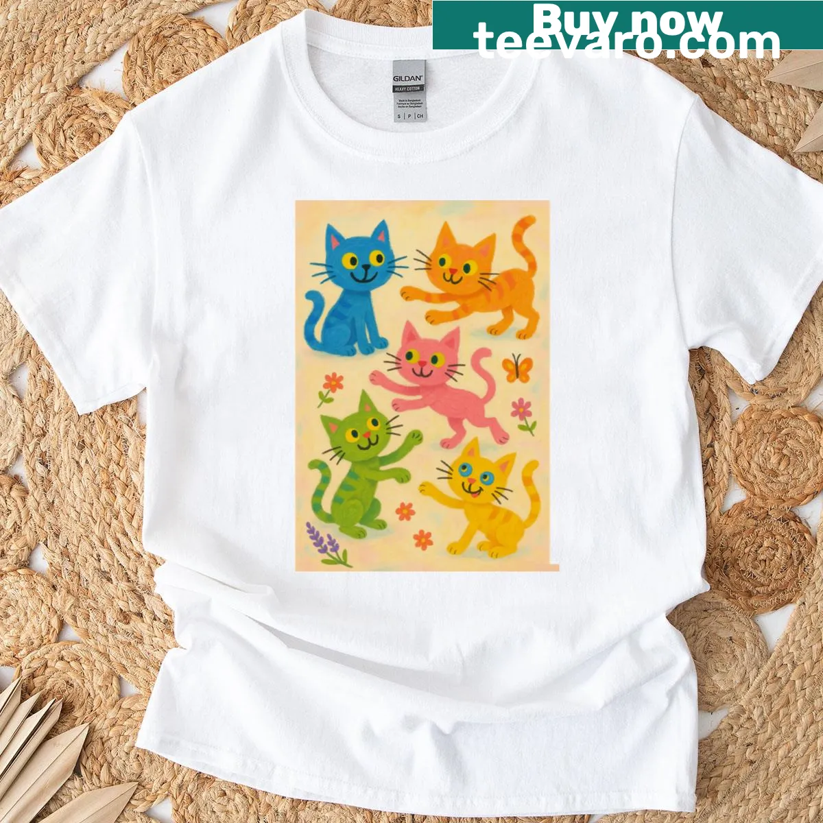 Playful graphic T-shirt featuring various cat-related items — on a men's t-shirt
