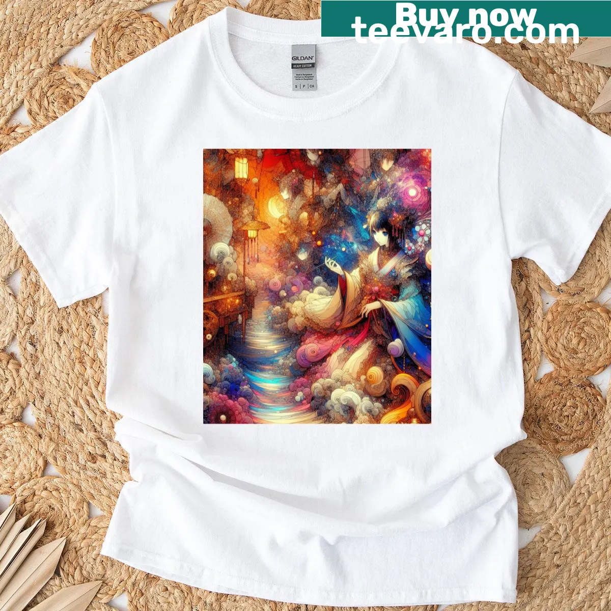 Celestial graphic with stars and moons on T-shirt — on a men's t-shirt