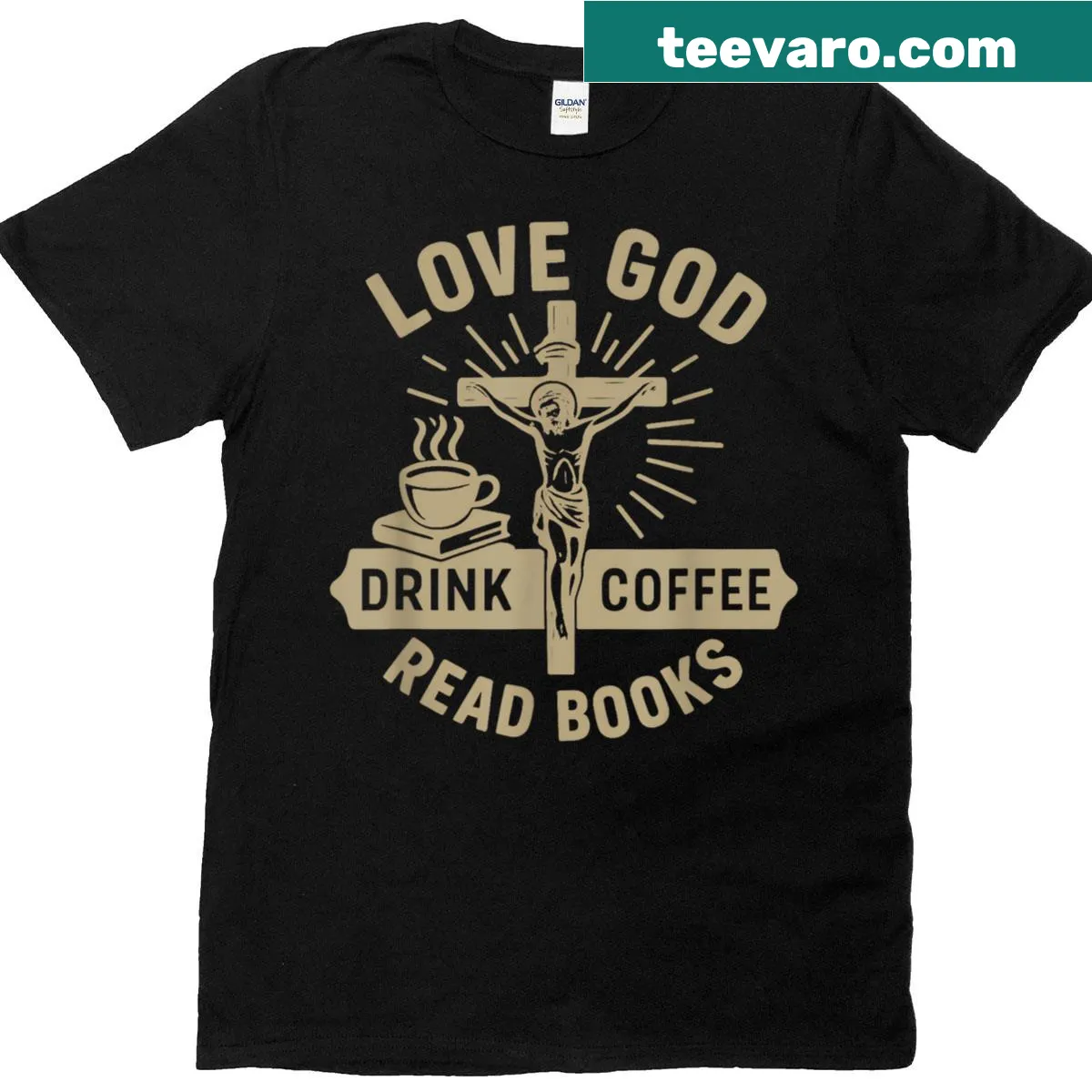 T-shirt featuring a message about loving God, coffee, and reading. — on a men's t-shirt