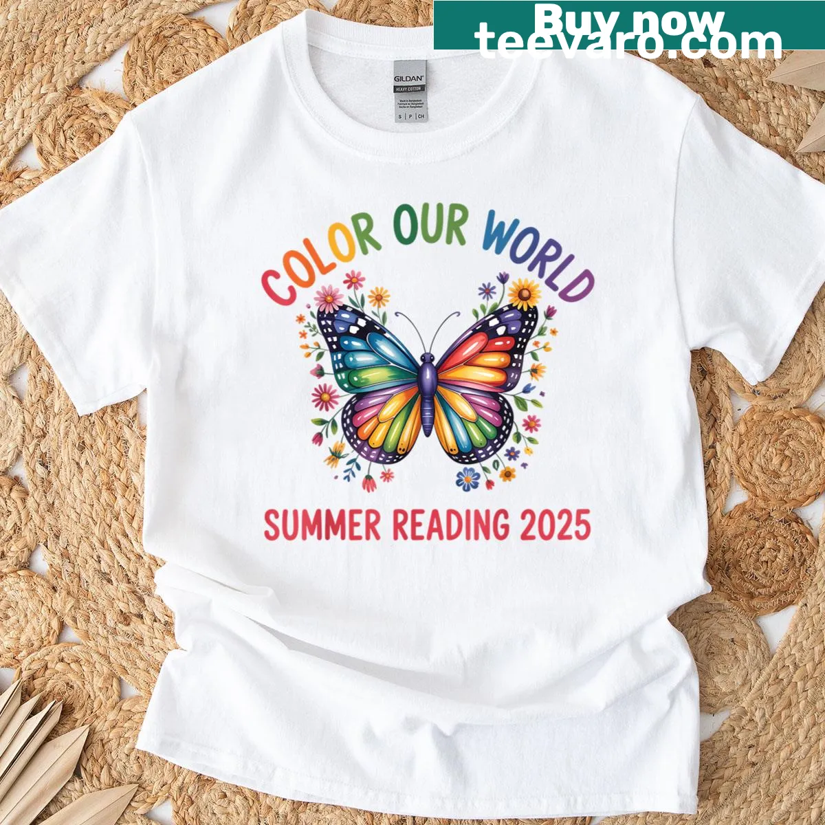 Butterfly illustration representing summer reading on a T-shirt — on a men's t-shirt