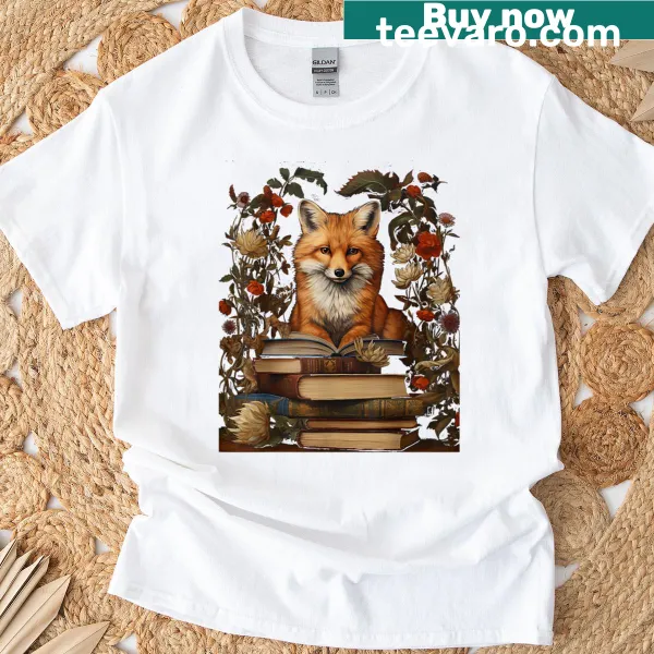 Floral fox design T-shirt with a book, embodying cottagecore aesthetics