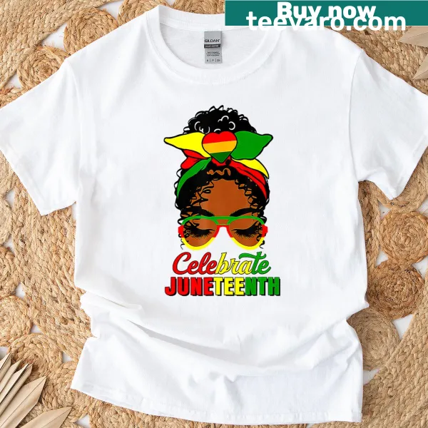 Illustration of a girl with messy bun celebrating Juneteenth on a kid's T-shirt