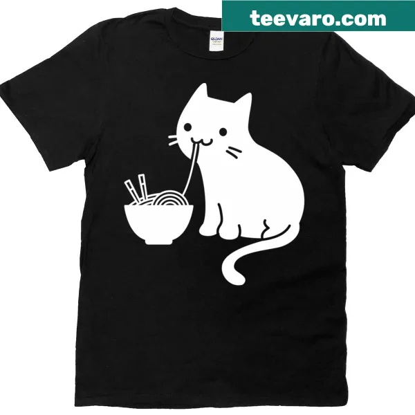 Cute cat illustration enjoying ramen on T-shirt.