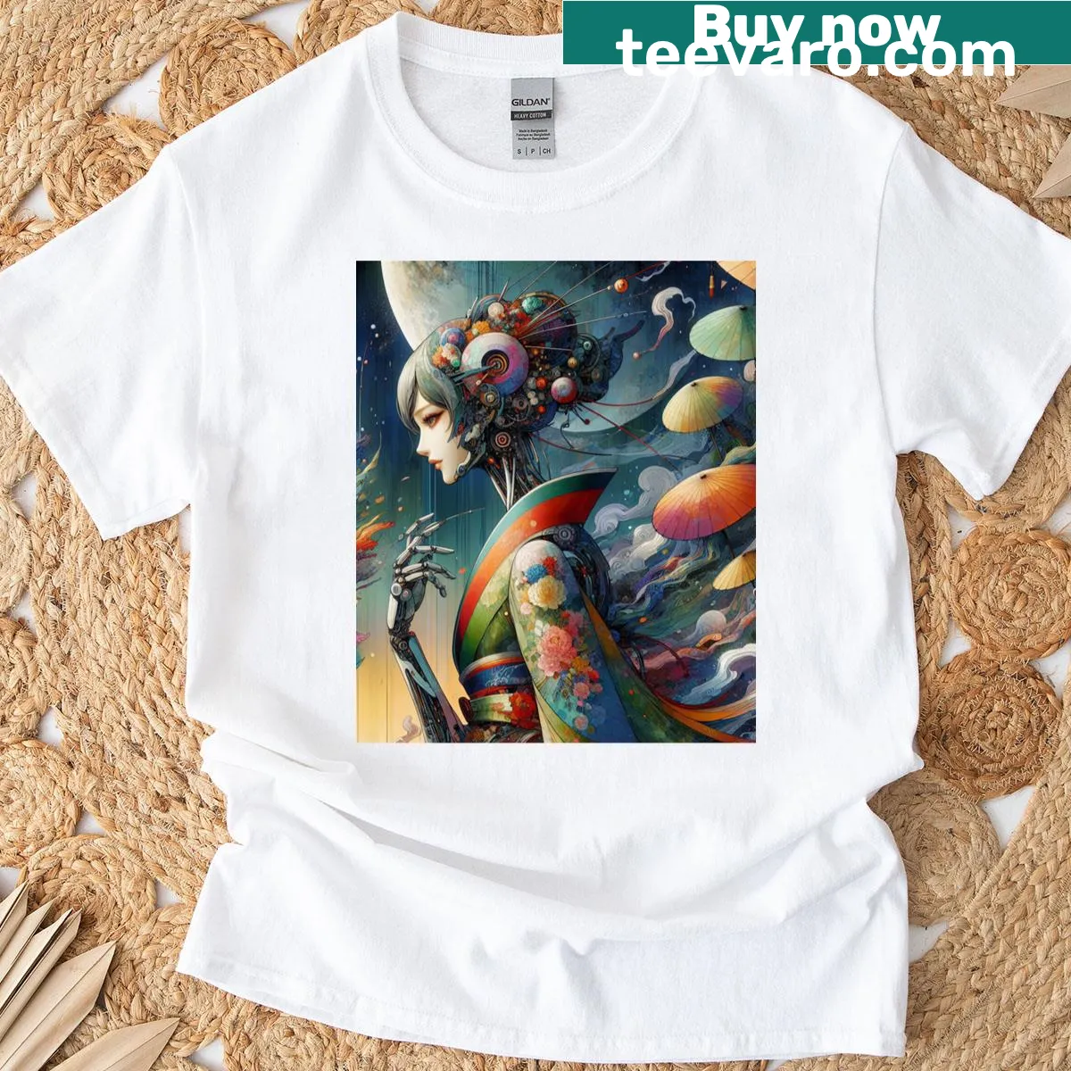 Illustration of a cybernetic geisha on a T-shirt — on a men's t-shirt