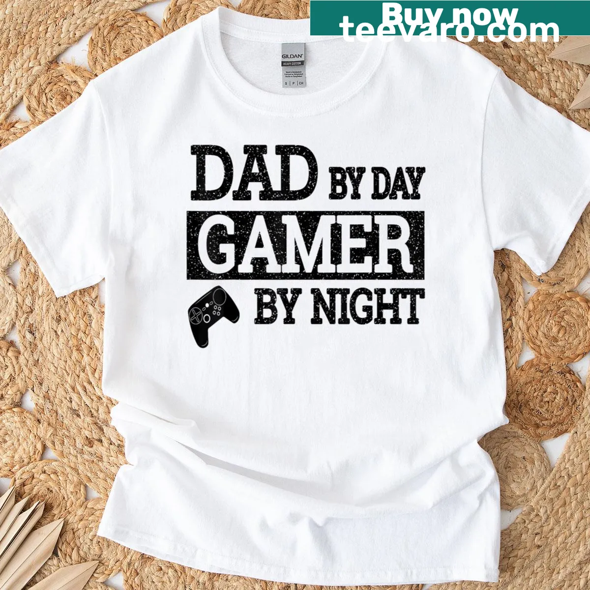 Illustrated T-shirt for dads balancing family and gaming — on a men's t-shirt
