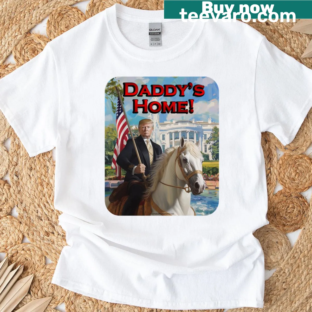 Funny cowboy Trump T-shirt with a white horse and American flag print — on a men's t-shirt
