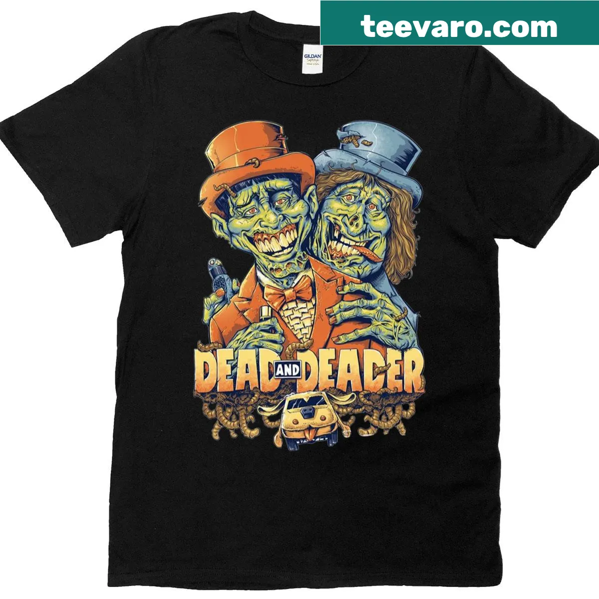 Graphic T-shirt with 'Dead And Deader' text and design — on a men's t-shirt